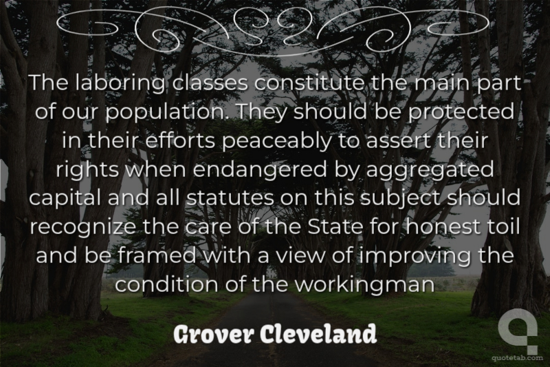 The laboring classes constitute the main part of our population. They should be protected in their efforts peaceably to assert their rights when endangered by aggregated capital and all statutes on this subject should recognize the care of the State for honest toil and be framed with a view of improving the condition of the workingman